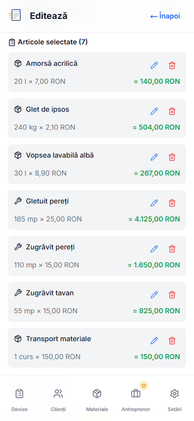 Editorul de deviz DevizRapid pe telefon, cu materialele și operațiunile de manoperă pe linii separate, fiecare cu cantitate, preț unitar și valoare