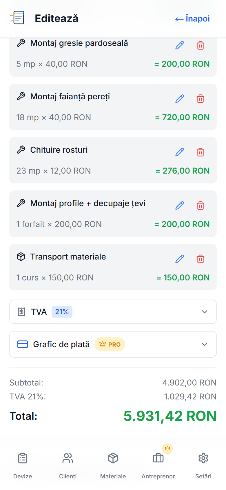 Devizul de gresie și faianță în aplicația DevizRapid pe telefon: liniile de manoperă, TVA 21% și totalul de 5.931,42 RON