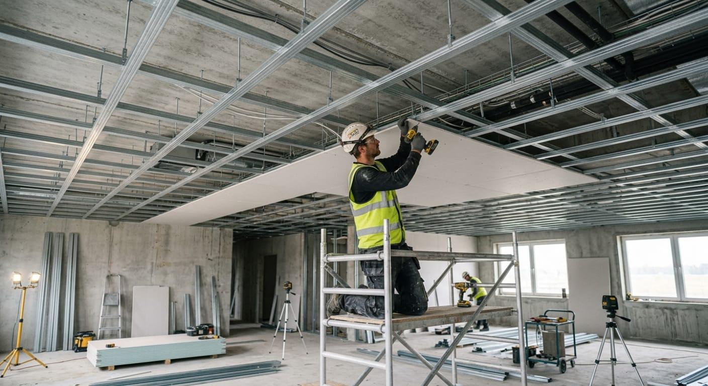 Montator cu cască albă și vestă reflectorizantă, pe o schelă mobilă, înșurubează cu bormașina o placă de gips-carton pe structura metalică a unui tavan fals