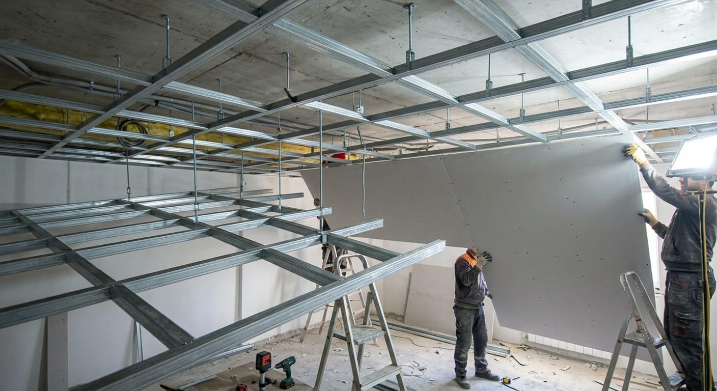 Structură metalică de tavan fals cu profile pe tije de suspendare și vată minerală vizibilă, cu doi montatori care ridică o placă mare de gips-carton spre profile