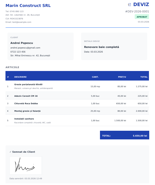 Exemplu deviz gratuit creat cu DevizRapid — model deviz de constructii cu materiale, manopera si semnatura digitala
