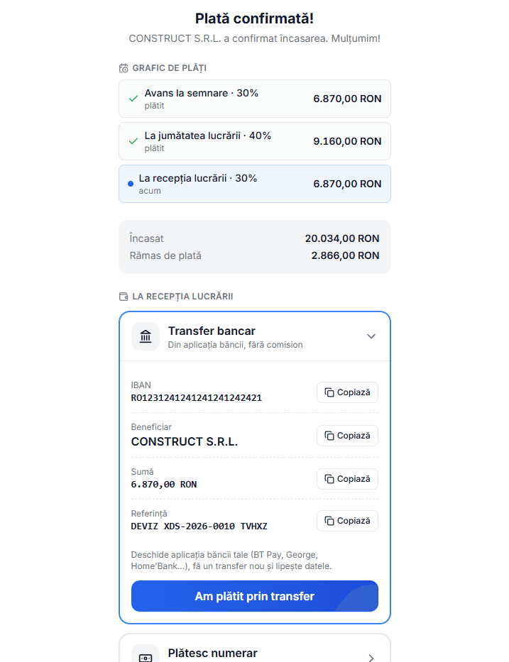 Pagina de plată a clientului, cu tranșele achitate și datele pentru transfer bancar