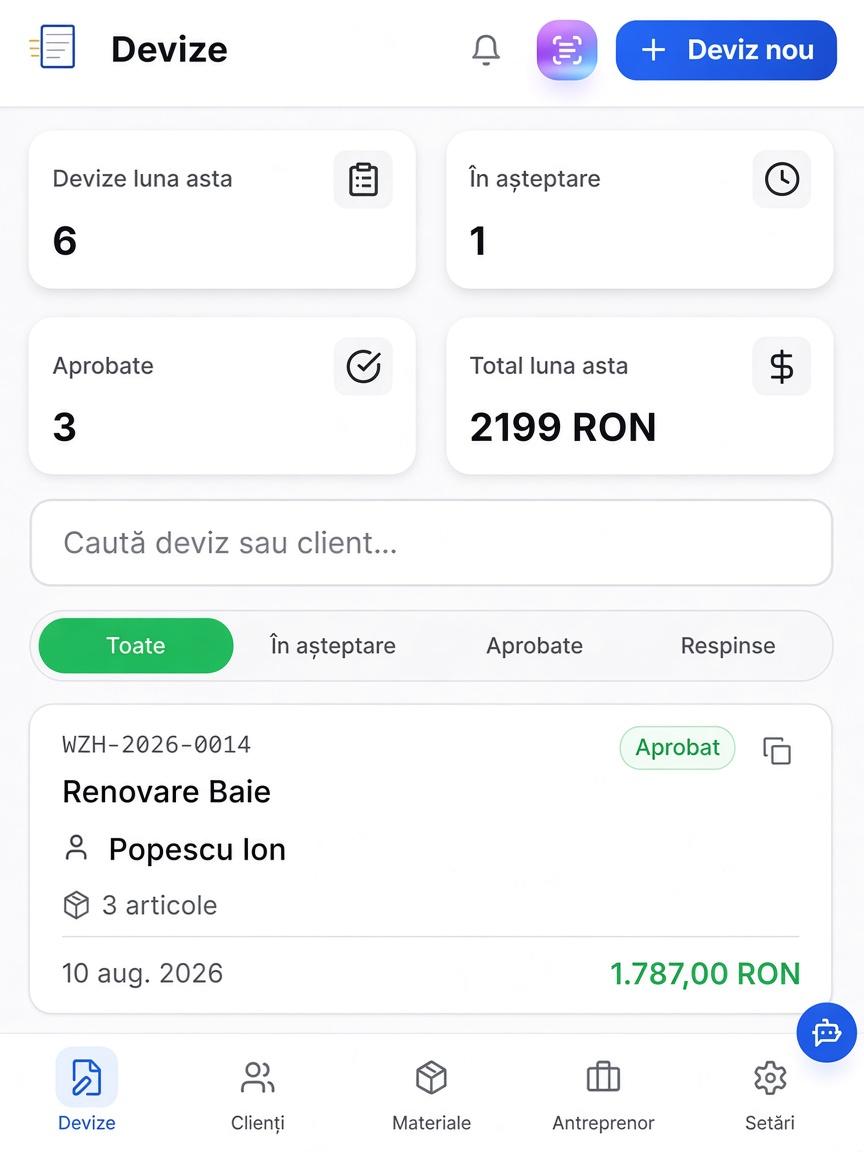 Lista de devize din aplicație, cu totalul lunii și starea fiecărui deviz