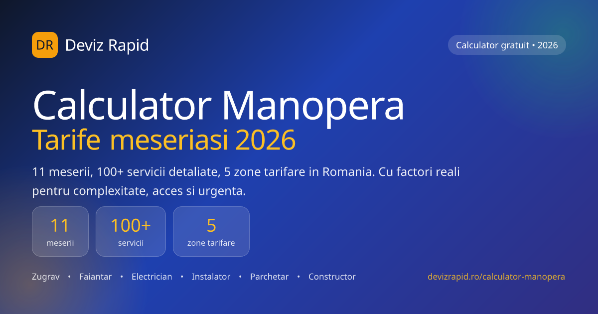 Calculator Manopera 2026 — Tarife Meseriasi Romania pe 5 Zone | DevizRapid